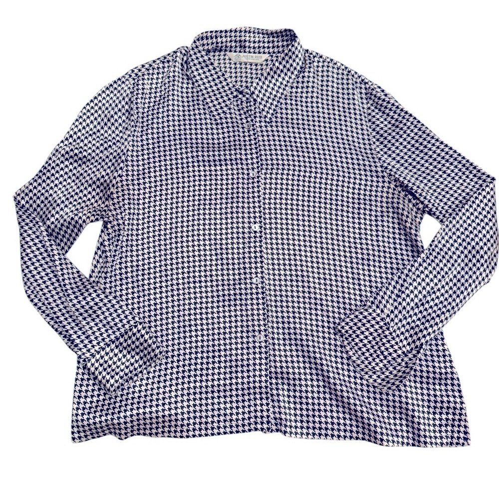 Austin Reed Navy Ivory Houndstooth Blouse Size Large Chic Classic Button Up